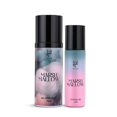 Two bottles of 'Marshmallow' scented products on a white background