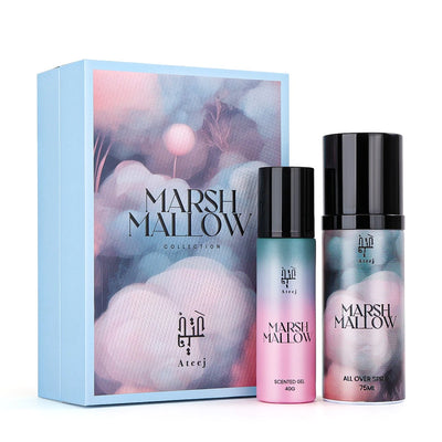 Marshmallow-themed perfume set with packaging and two bottles on a white background